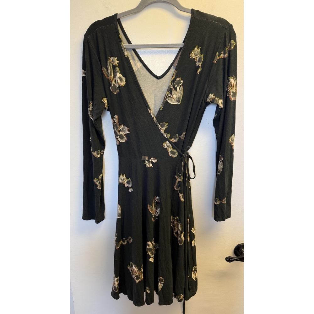 Bel Kazan Dress Wrap Midi Floral Jersey V Neck Bali Black Art to Wear Medium